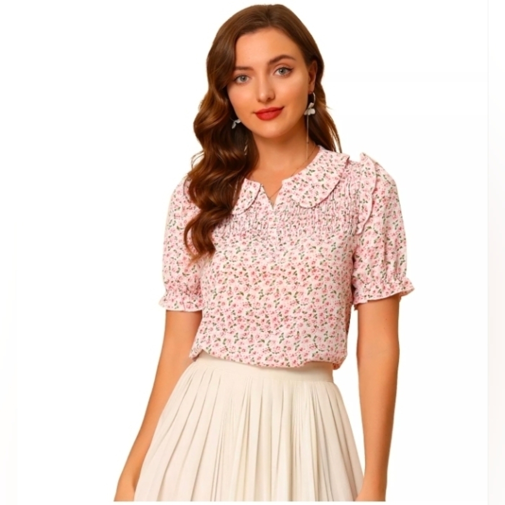 Allegra K Floral Blouse for Women's Peter Pan Collar Smocked Short Sleeve Ruffle